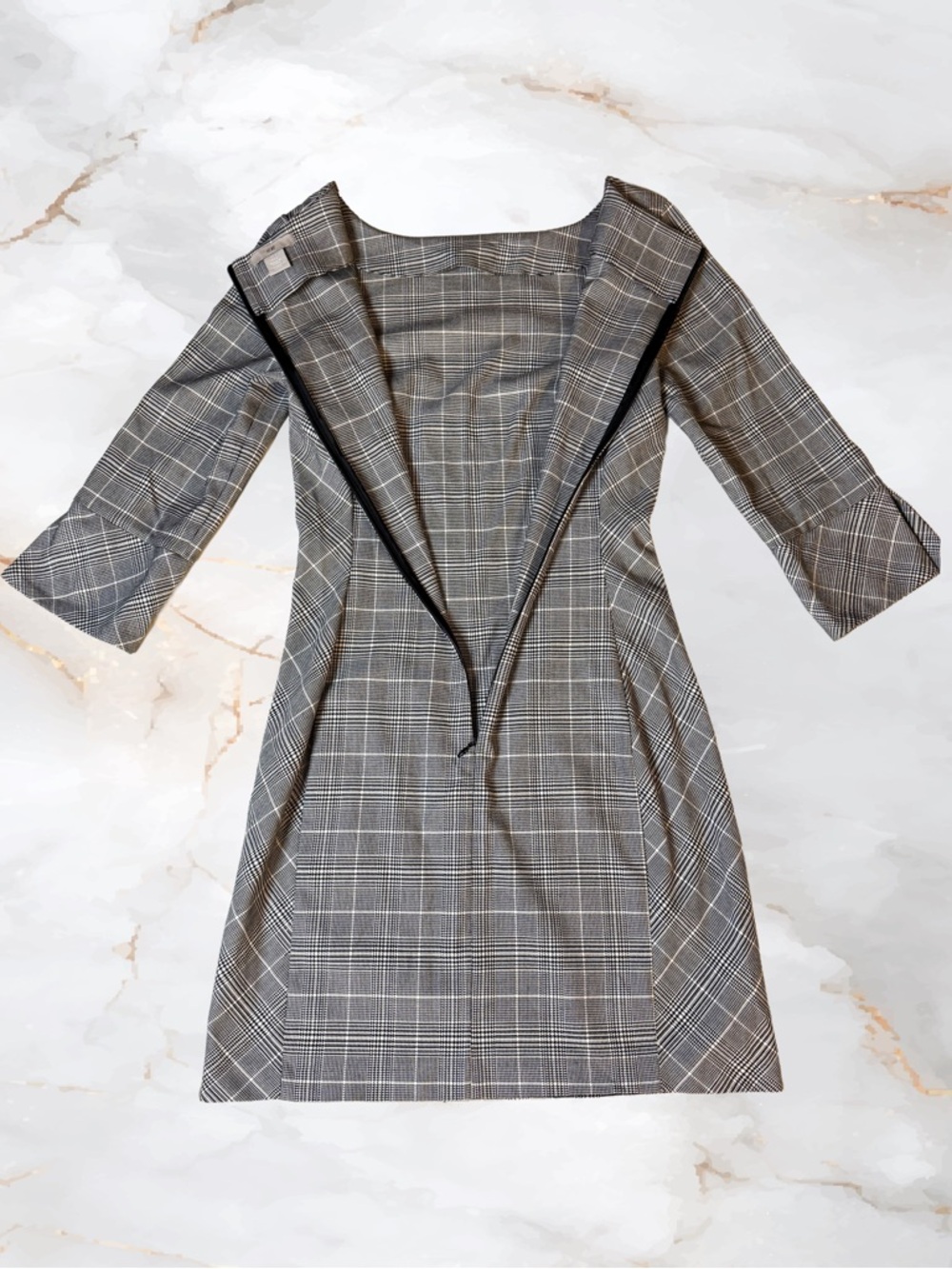 H&M Gray Plaid Three Quarter Sleeve Shift Sheath Sexy Dress Quietly Luxury - Picture 6 of 7